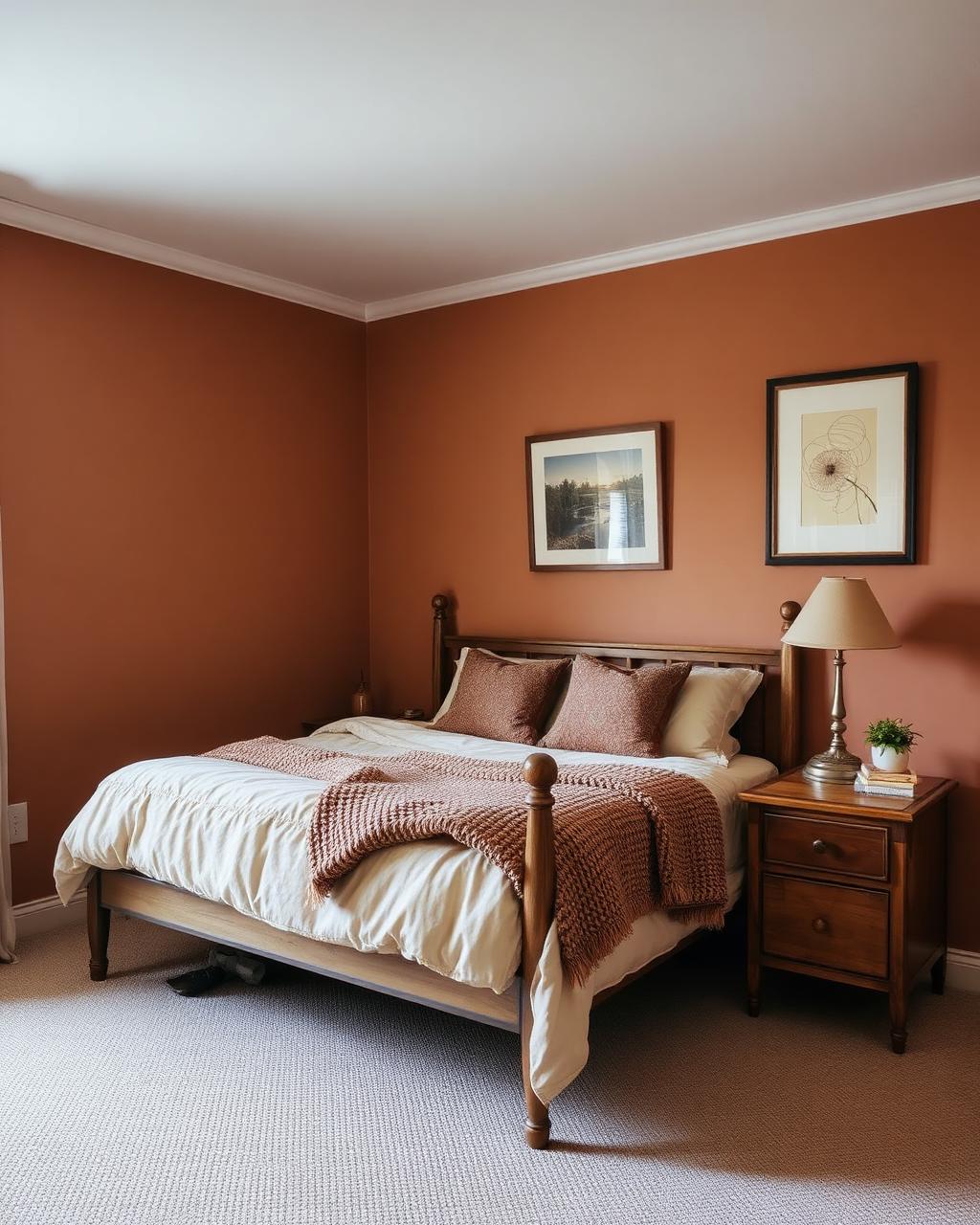 Quarto aconchegante em tons terrosos, com móveis reaproveitados